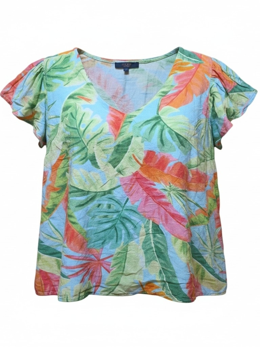 RACHEL ROY | Tropical Palm Print V-Neck Flutter Sleeve Rayon Plus Blouse | 1X